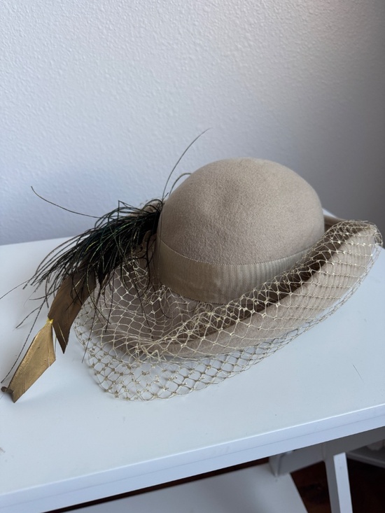 Vintage Mr. John Beige Brown Wool Felt Feather Veiled Hat Fascinator main image 11